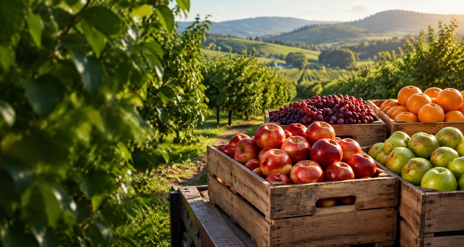 Fresh apples, grapes, citrus, and pears at the orchard